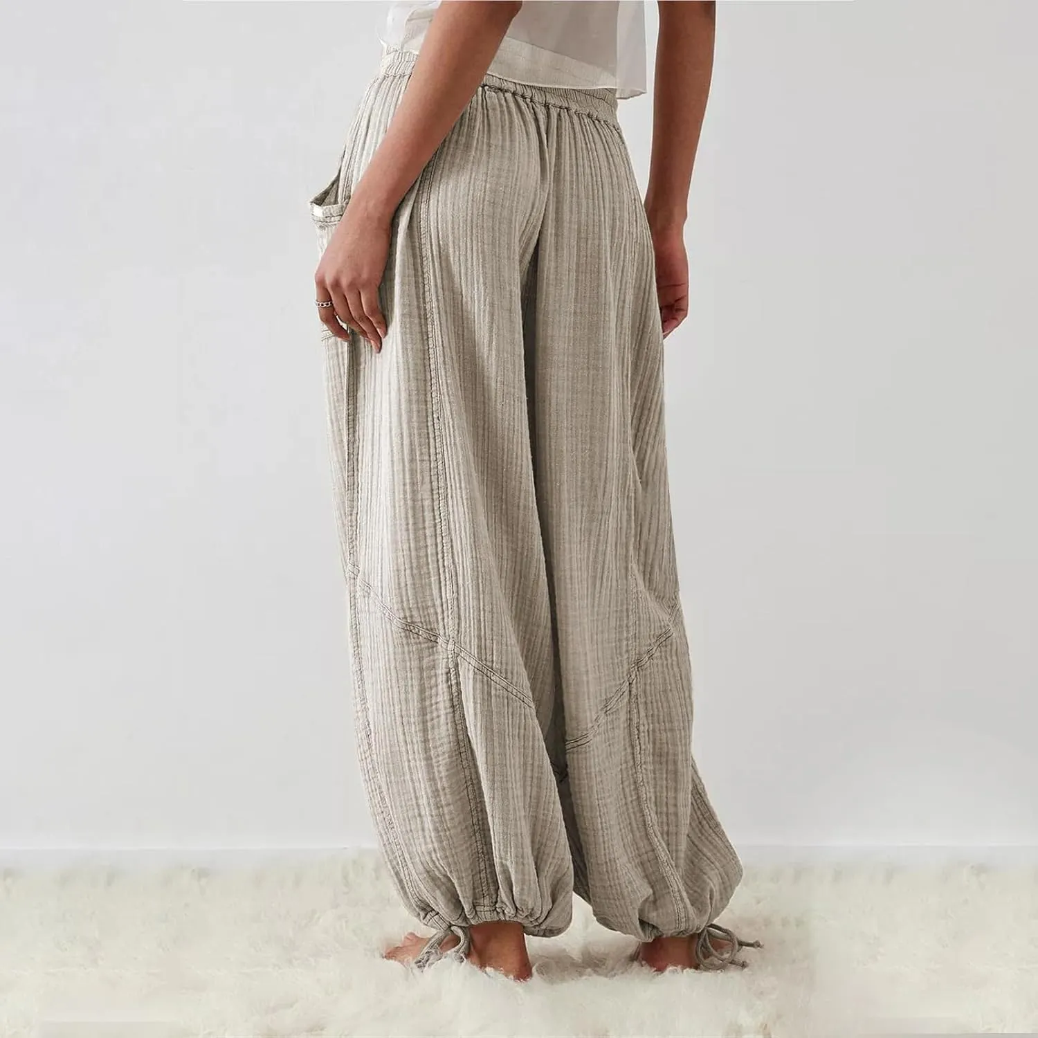 ZOCANIA Boho Pants for Womens Cotton Linen Ruffle Wide Leg Palazzo Pants Casual Lounge Trousers Summer Beach Baggy Joggers