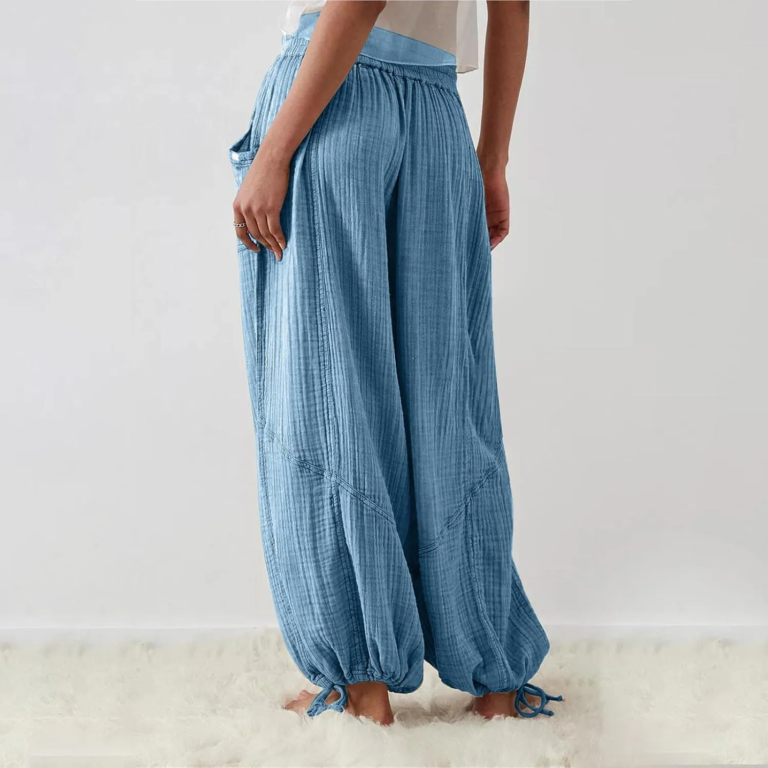 ZOCANIA Boho Pants for Womens Cotton Linen Ruffle Wide Leg Palazzo Pants Casual Lounge Trousers Summer Beach Baggy Joggers
