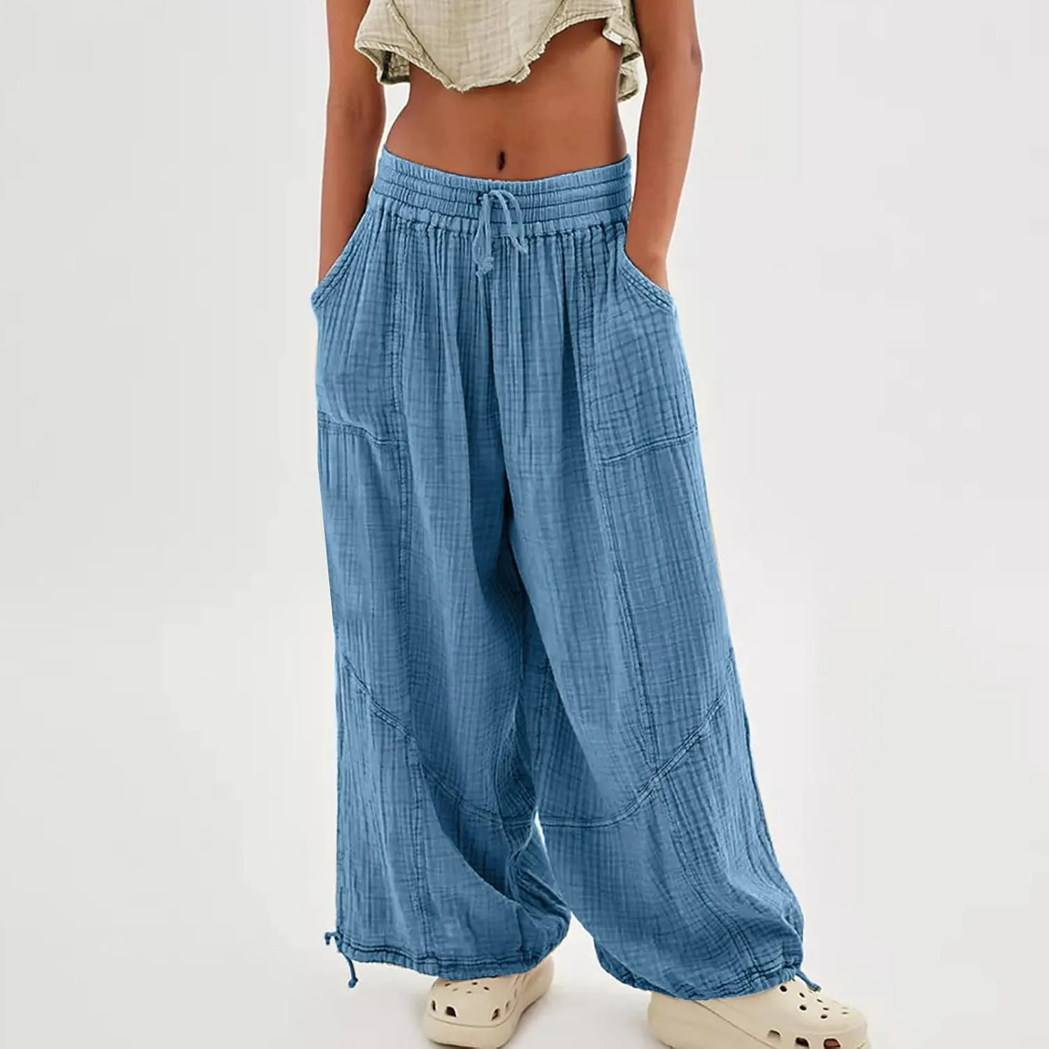 ZOCANIA Boho Pants for Womens Cotton Linen Ruffle Wide Leg Palazzo Pants Casual Lounge Trousers Summer Beach Baggy Joggers