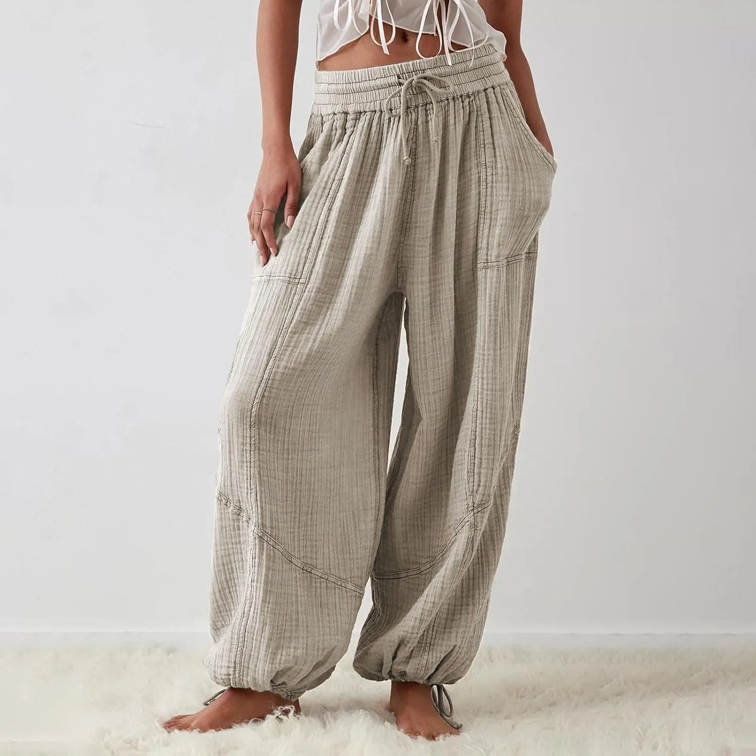 ZOCANIA Boho Pants for Womens Cotton Linen Ruffle Wide Leg Palazzo Pants Casual Lounge Trousers Summer Beach Baggy Joggers