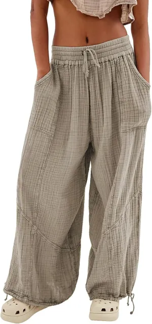 ZOCANIA Boho Pants for Womens Cotton Linen Ruffle Wide Leg Palazzo Pants Casual Lounge Trousers Summer Beach Baggy Joggers