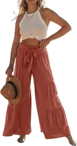 ZOCANIA Boho Pants for Womens Cotton Linen Ruffle Wide Leg Palazzo Pants Casual Lounge Trousers Summer Beach Baggy Joggers