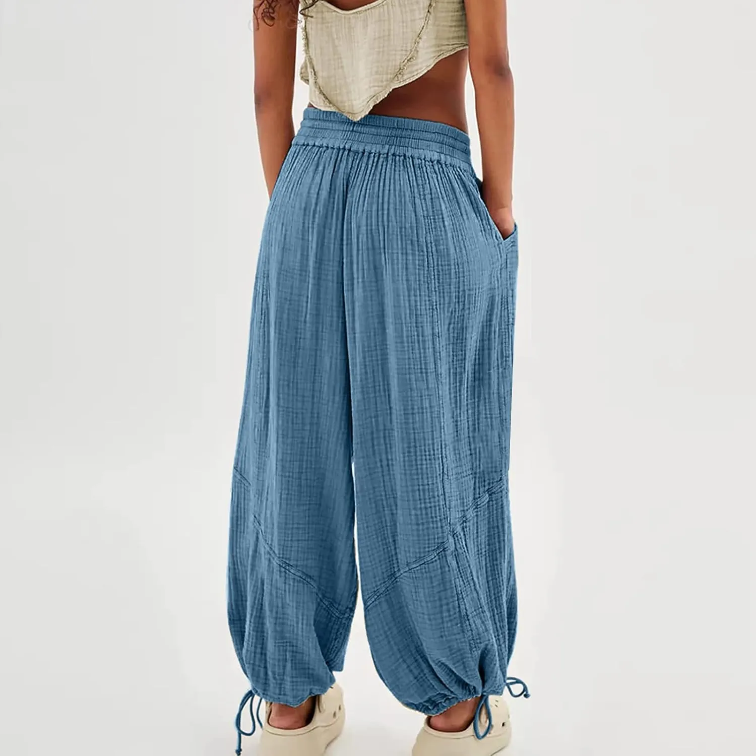 ZOCANIA Boho Pants for Womens Cotton Linen Ruffle Wide Leg Palazzo Pants Casual Lounge Trousers Summer Beach Baggy Joggers