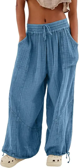 ZOCANIA Boho Pants for Womens Cotton Linen Ruffle Wide Leg Palazzo Pants Casual Lounge Trousers Summer Beach Baggy Joggers