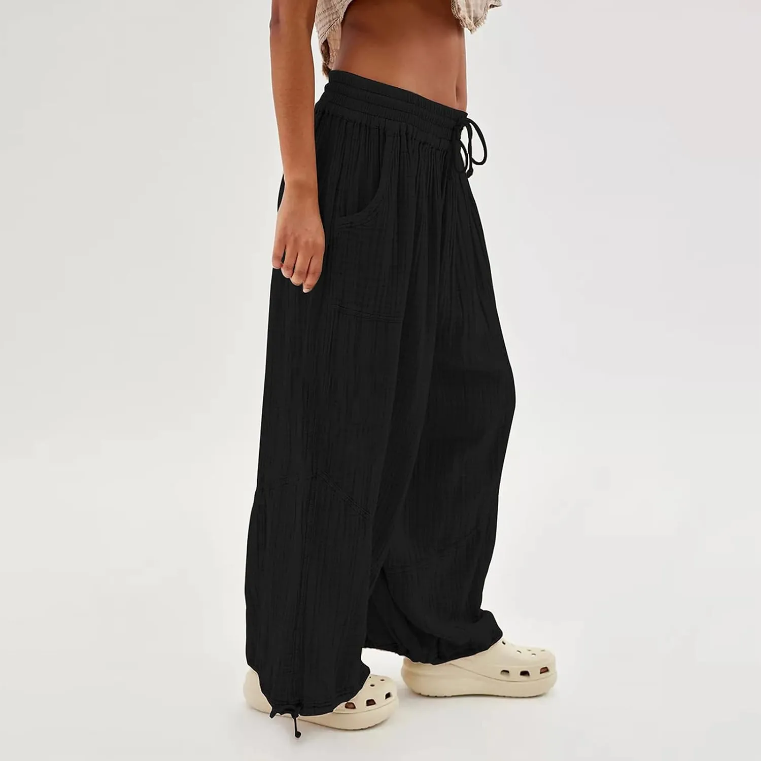 ZOCANIA Boho Pants for Womens Cotton Linen Ruffle Wide Leg Palazzo Pants Casual Lounge Trousers Summer Beach Baggy Joggers
