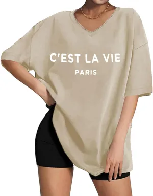 Zoyami Womens Oversized V Neck T Shirts Graphic Vintage Tees Casual Loose Fitting Short Sleeve Tops