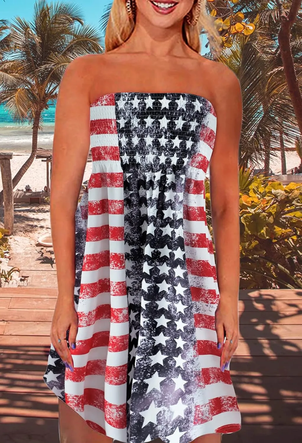 Zyyfly Tube Top Dress Women Summer Beach Coverup Stretch Smocked Strapless Dress